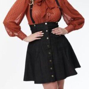 EUC Unique Vintage retro 40s high waist suspender skirt black denim sz L(10/12)